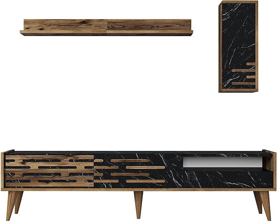 Stojak pod TV – 180x35x45 cm – Orzech, Czarny i Marmur – Płyta MDF pokryta melaminą