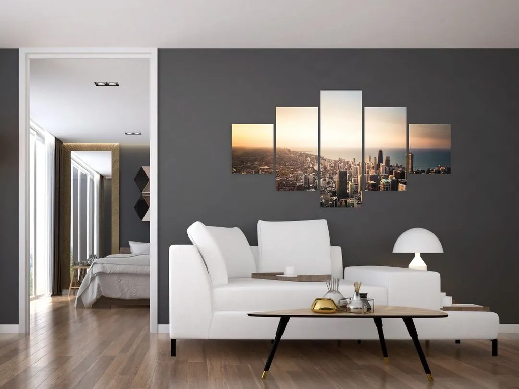 Obraz zachodu słońca nad miastem (125x70 cm)