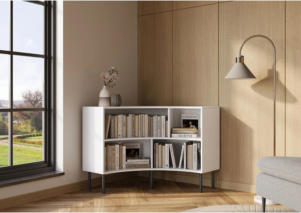 Narożny niski regał Skandica HORN z czarnymi nogami / biały