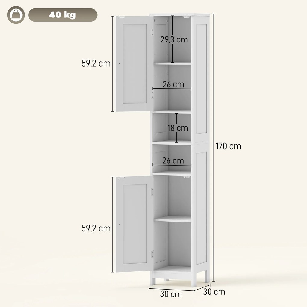 HOMCOM Wysoka smukła szafka łazienkowa z drzwiami, otwarte półki, 30 x 30 x 170 cm, Biały