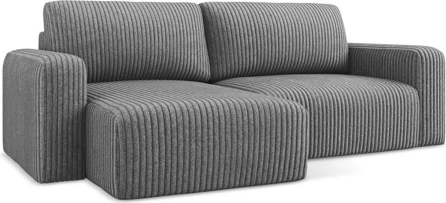 Szary sztruksowy rozkładany narożnik ze schowkiem (lewostronny/z szezlongiem) Kona – Makamii