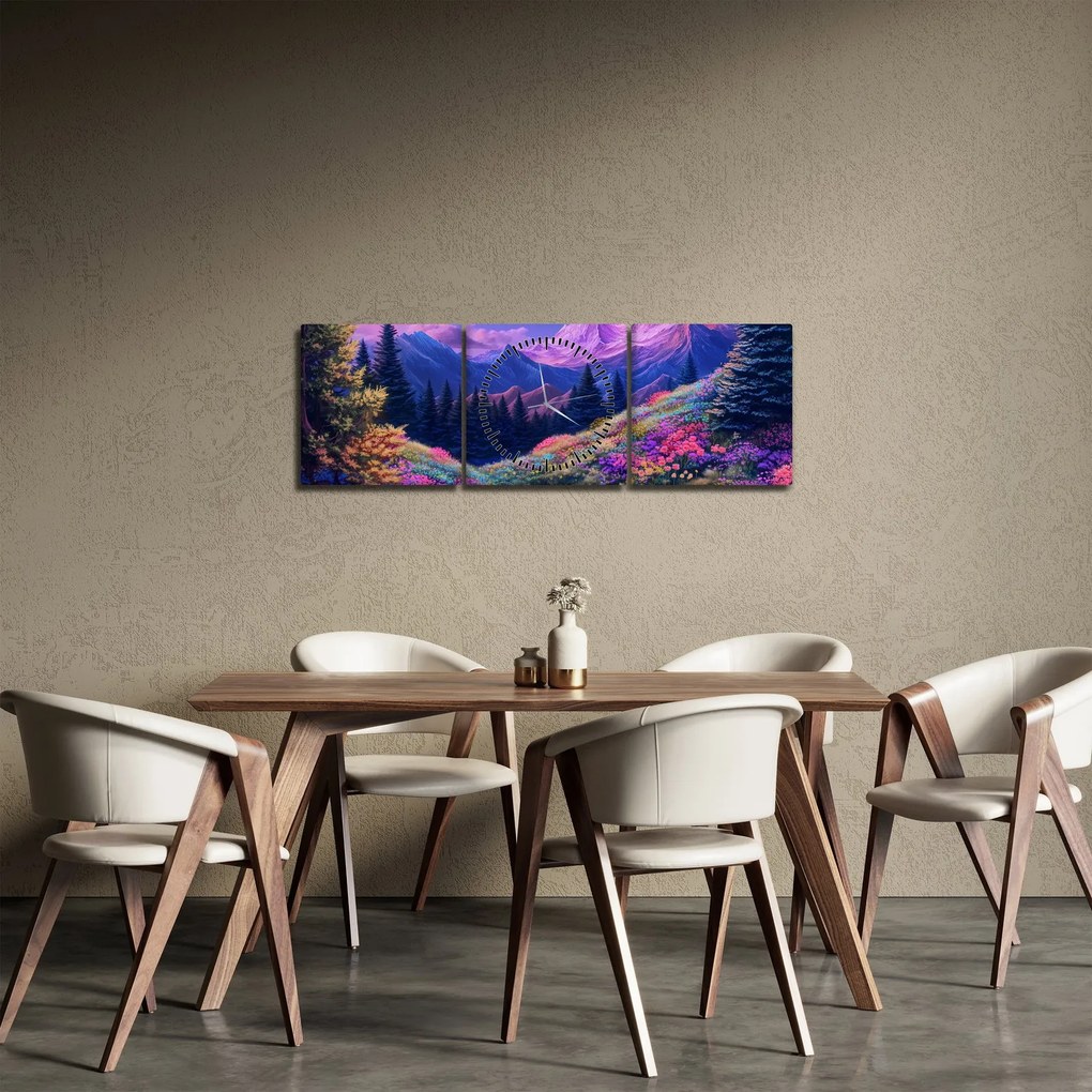 Obraz - Fioletowy krajobraz przy pełni księżyca (z zegarem) (90x30 cm)