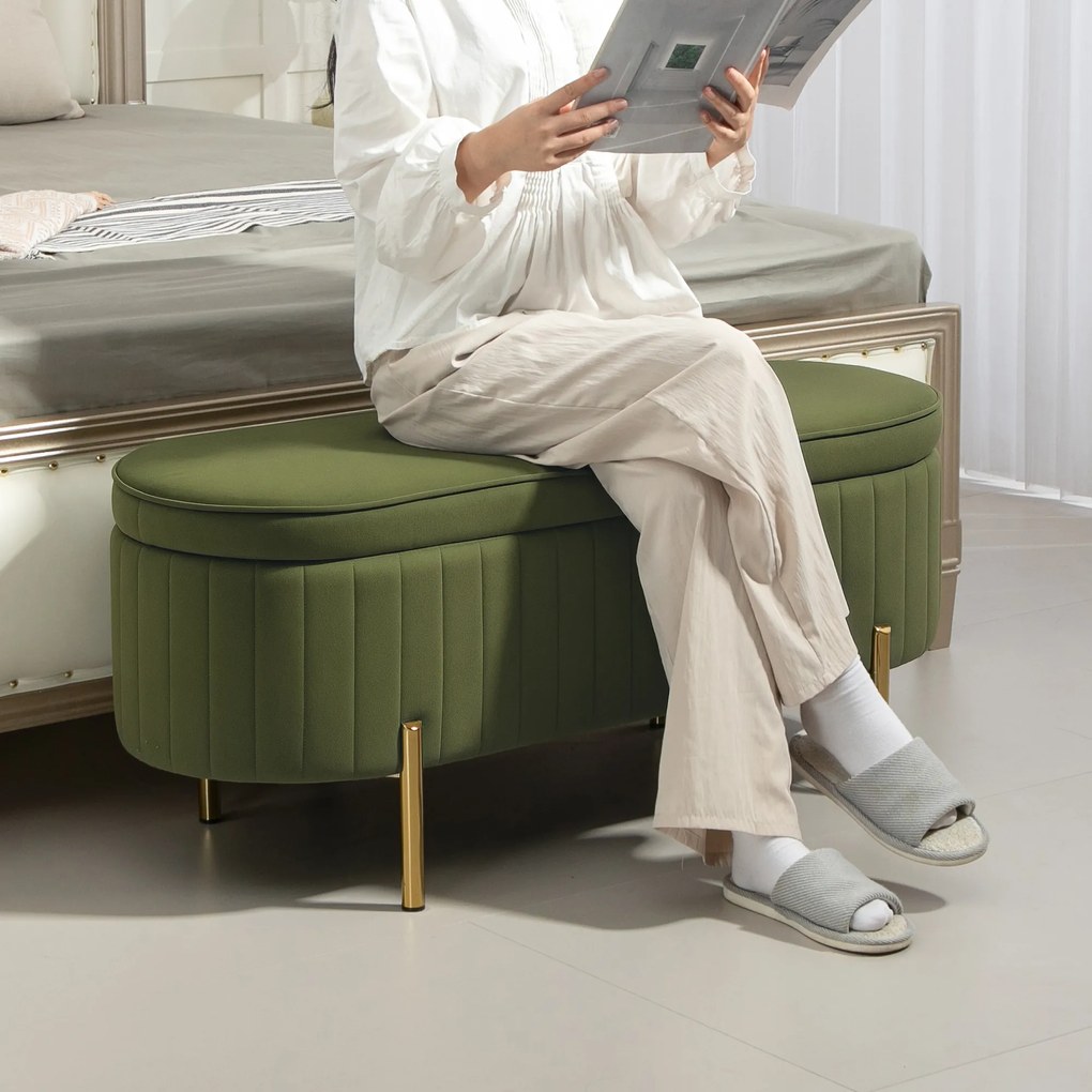 HOMCOM Ławka do przechowywania Owalna z 72L pojemności i otwieranym przykryciem w aksamicie i drewnie, 108x44x43,5 cm, Zielona