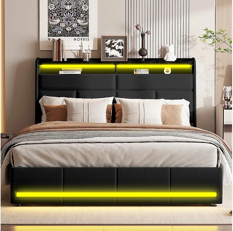 Łóżko z pojemnikiem 140x200 cm czarne z wielokolorowym LED, schowek w zagłówku i pod łóżkiem, nowoczesny design z trwałego PU