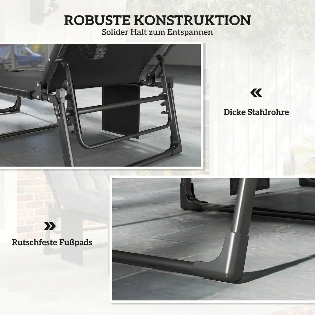 Outsunny Składany leżak szeroki leżak ogrodowy z 5-stopniowo regulowanym oparciem, wyściełanym materacem, poduszką na głowę, kieszenią boczną | Aosom PL