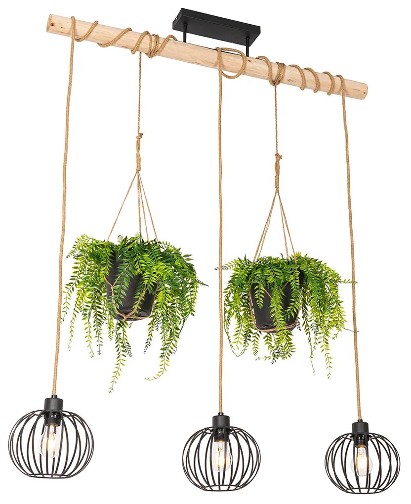 Rustykalna lampa wisząca czarna z drewnem 3-światłowa - Yura