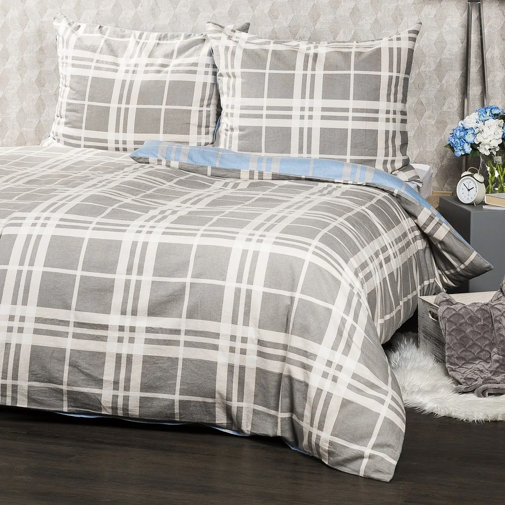 4Home Pościel flanelowa Niebieska kratka, 160 x 200 cm, 70 x 80 cm