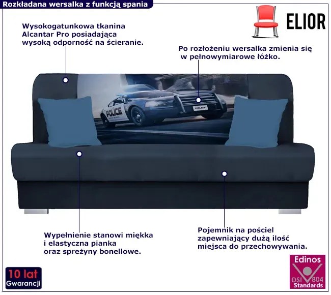 Granatowa wersalka rozkładana z motywem policji - Piovia 18X