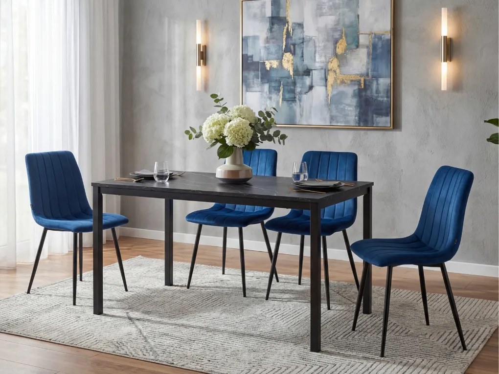 Zestaw jadalniany 1 + 4, czarny stół RAMOD 100x60 cm + niebieskie krzesło LAVA z czarnymi nogami