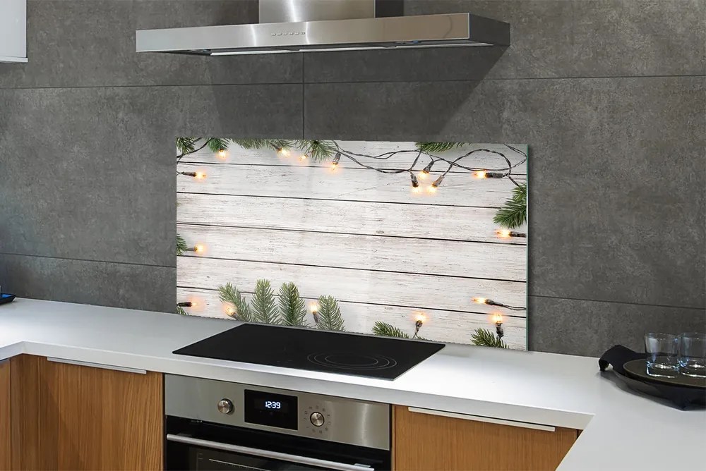 Panel szklany do Kuchni Świąteczne Lampki na Drewnie