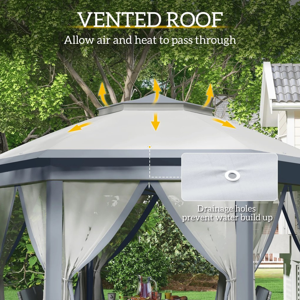 Outsunny Pawilon ogrodowy, namiot składany 4 x 4 m, pawilon pop-up, namiot imprezowy z torbą transportową, 6 ścian bocznych, podwójny dach, sześciokątny, szary