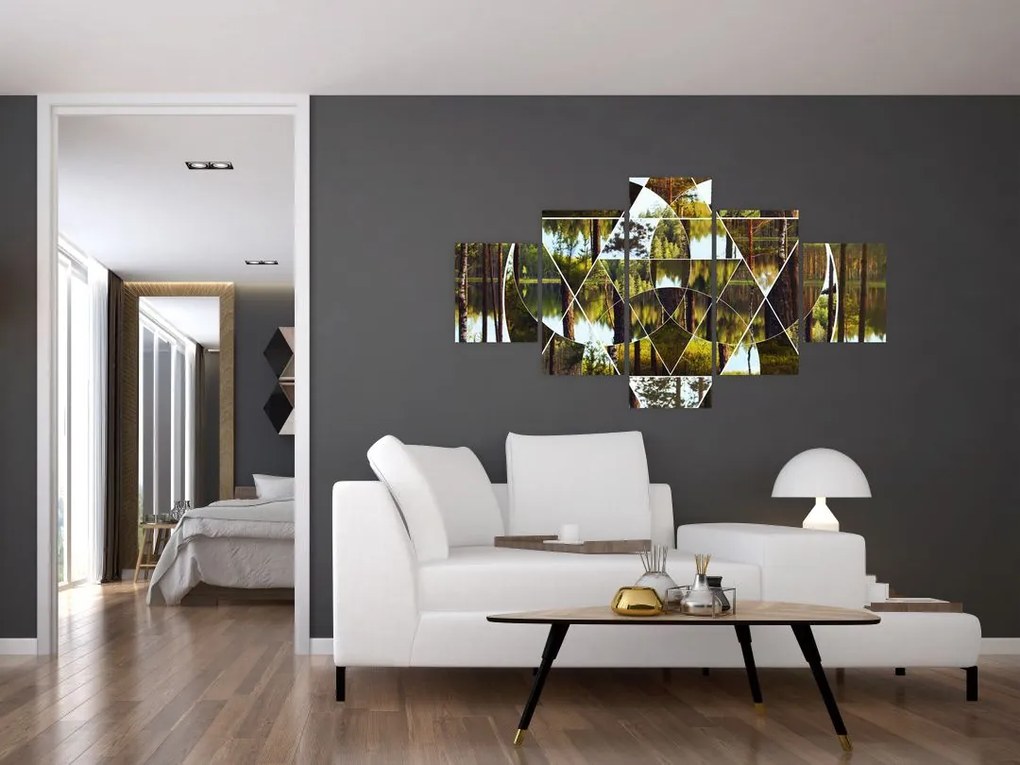Obraz - Geometryczny kolaż na tle nordyckich lasów (125x70 cm)