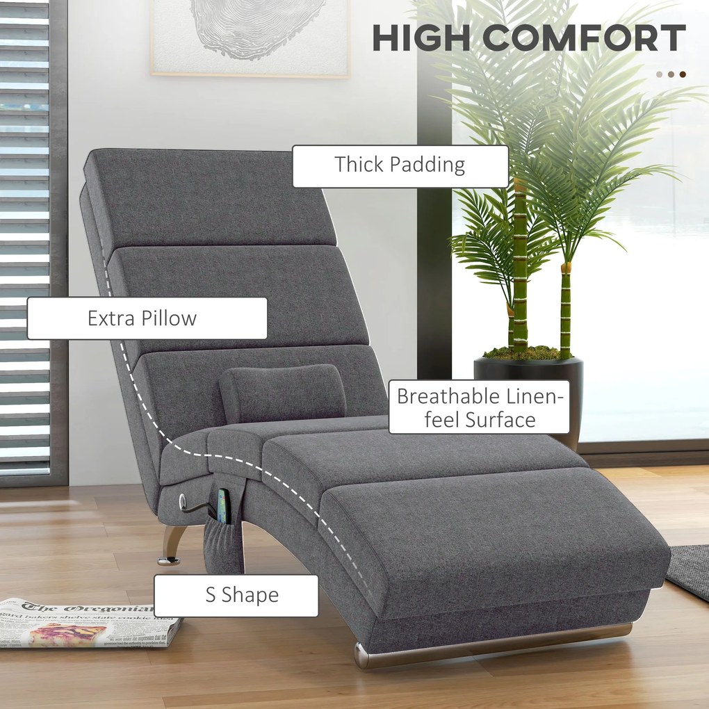 HOMCOM Fotel masujący z funkcją relaksu, leżak z 8 punktami wibracyjnymi, 5 trybów, wymiary 56 x 168 x 84 cm, Ciemnoszary