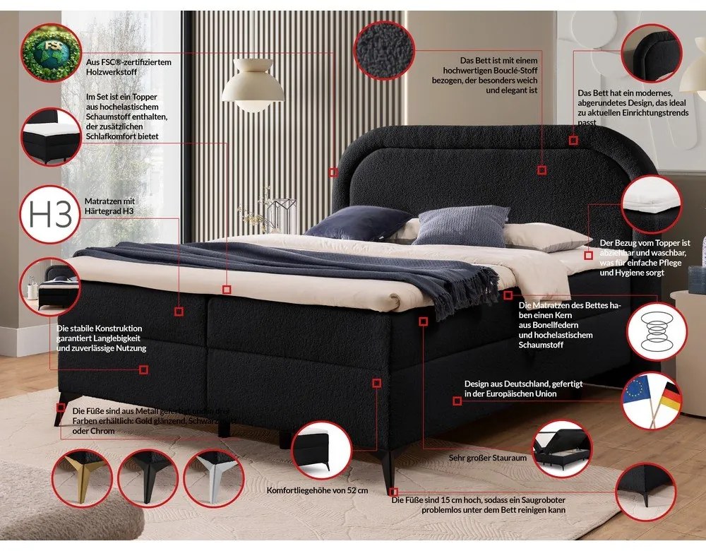 Czarne łóżko kontynentalne ze schowkiem 140x200 cm Ornes – Ropez