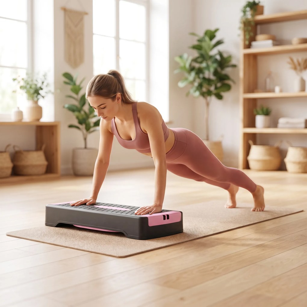 SPORTNOW Deska do stepu regulowana Fitness Aerobic Stepper 2 poziomy (11/16 cm) 2 taśmy oporowe, mata antypoślizgowa Różowy | Aosom PL