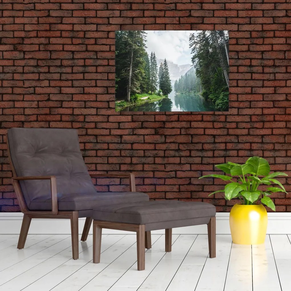 Obraz na szkle leśnego jeziora (70x50 cm)