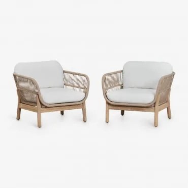 Zestaw 2 Foteli Ogrodowych Z Drewna Akacjowego I Plecionej Liny Karvia Jasny Akacjowy Brąz & Tkaniny Biała - Sklum