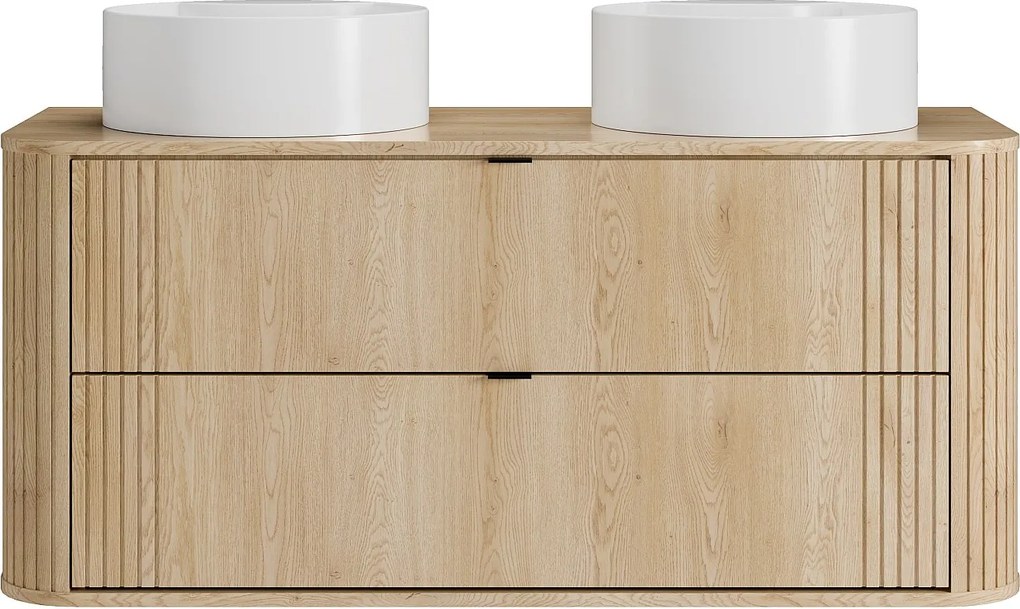 Szafka łazienkowa wisząca z podwójną okrągłą umywalką nablatową - Jasne drewno naturalne - L120 cm - FILOR