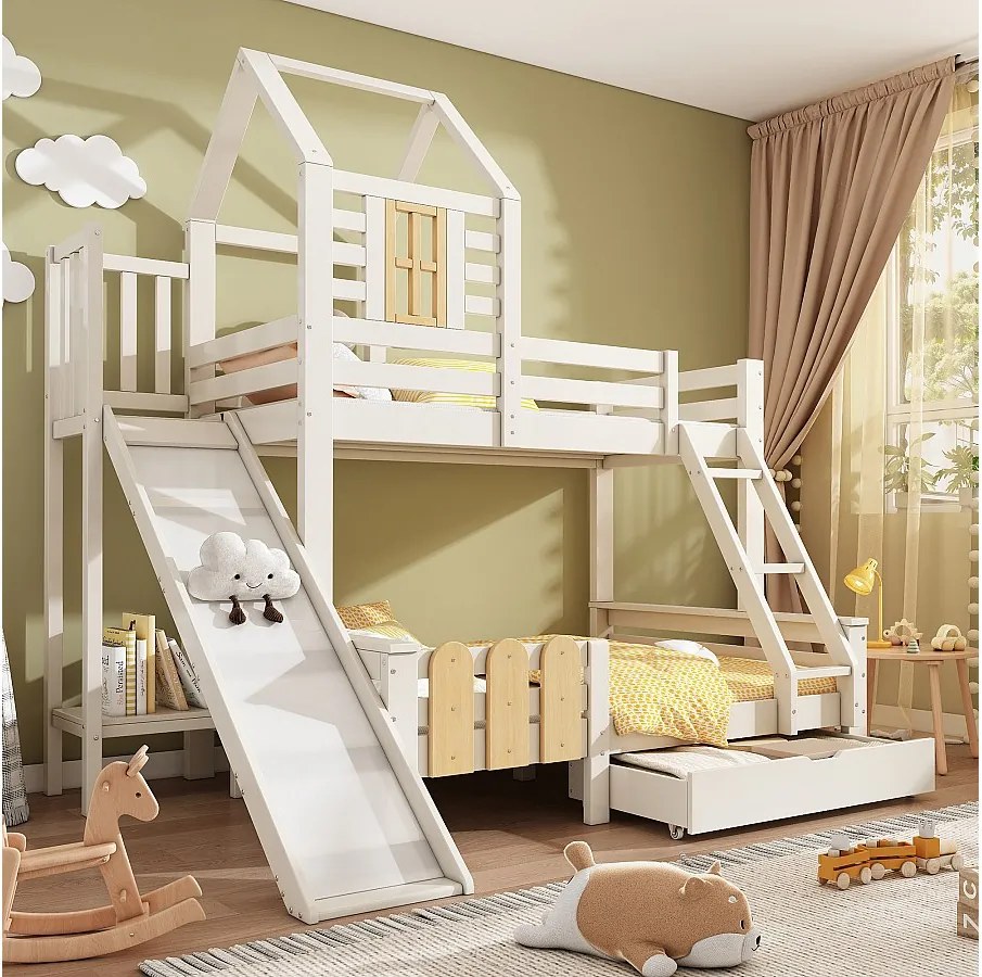 Łóżko piętrowe dziecięce kabinowe - 90 x 200 + 140 x 200 cm - z szufladą + zjeżdżalnią + drabinką - Metal + drewno - białe