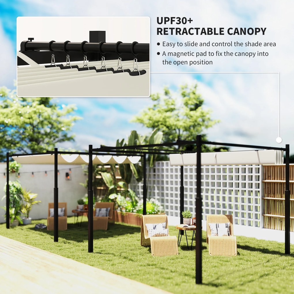 Outsunny Pergola Ogrodowa, 3 x 3 m, Rozsuwany Dach i Magnetyczna Podkładka, Baldachim Zewnętrzny, Pawilon Ogrodowy, UPF30+, Metal, Kremowobiały