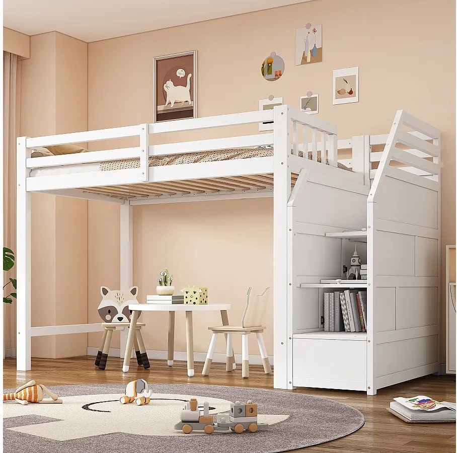 Łóżko piętrowe 90 x 200 cm z barierkami zabezpieczającymi, 2 przegrodami i wolną przestrzenią - Sosna + MDF - Białe (bez materaca)