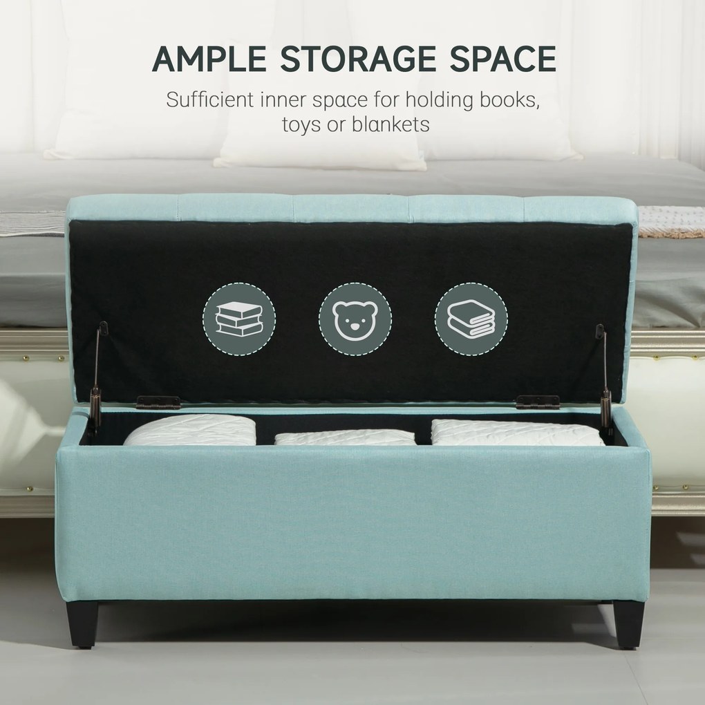 HOMCOM Ławka z Przestrzenią do Przechowywania, Poliester w Wyglądzie Lnu, Drewno Kauczukowe, 100 x 40 x 44 cm, Zielony