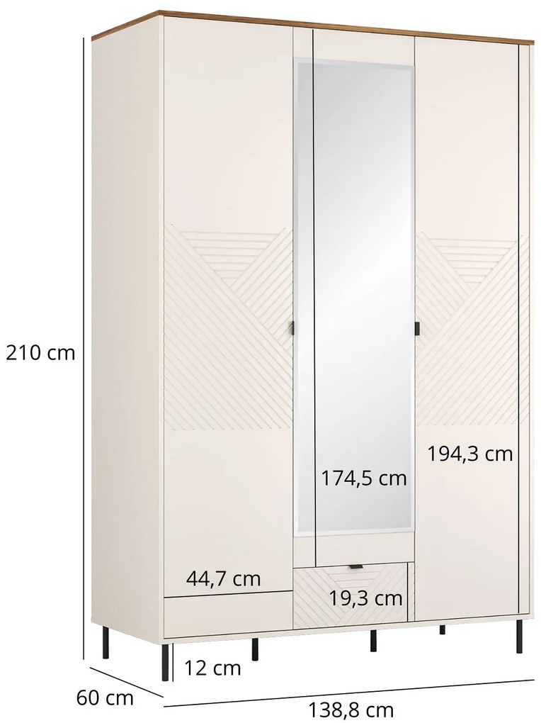 Nowoczesna szafa trzydrzwiowa z lustrem kaszmir + dąb castello C3-L26