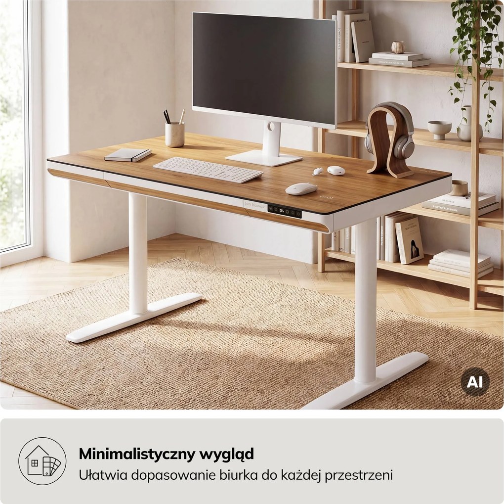 Biurko elektryczne sit-stand z szufladą i ładowarką bezprzewodową Qi białe/złoty dąb, 1200 mm: ELLIS