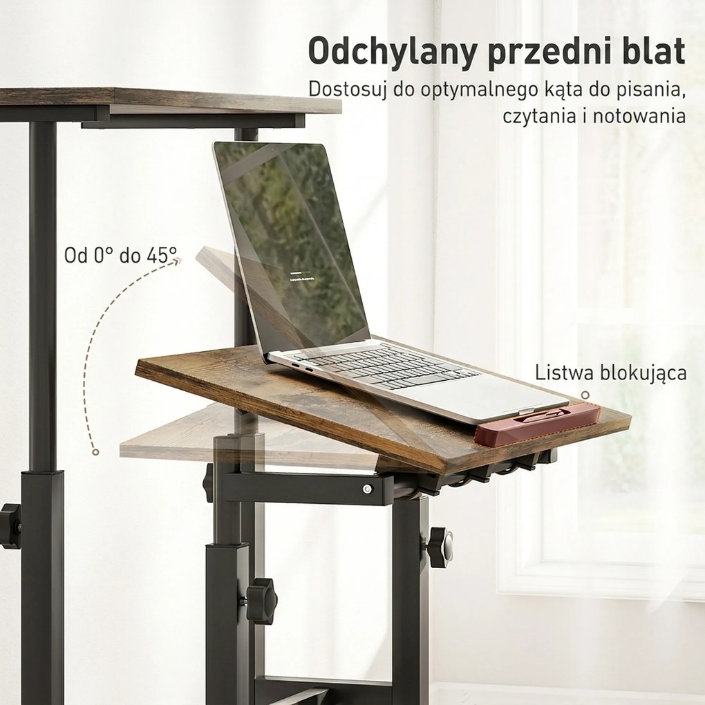 HOMCOM Biurko regulowane wysokości z półką, kółkami, biurko komputerowe Rustykalny-Brąz 60 x 60 x 70,5-120 cm