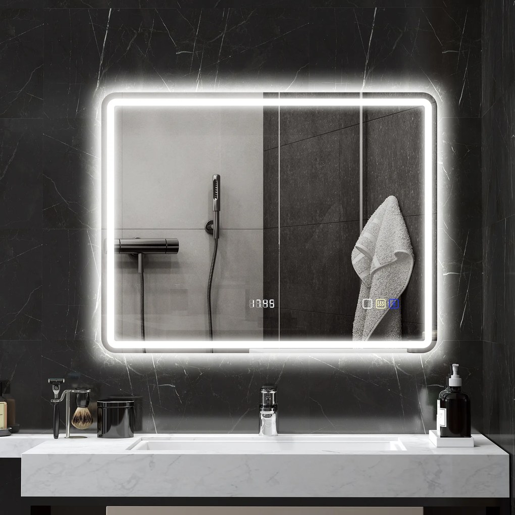 HOMCOM lustro łazienkowe LED z funkcją przeciwmgielną nowoczesne lustro z zegarem i trzema kolorami światła 700x900 mm srebrne | Aosom PL