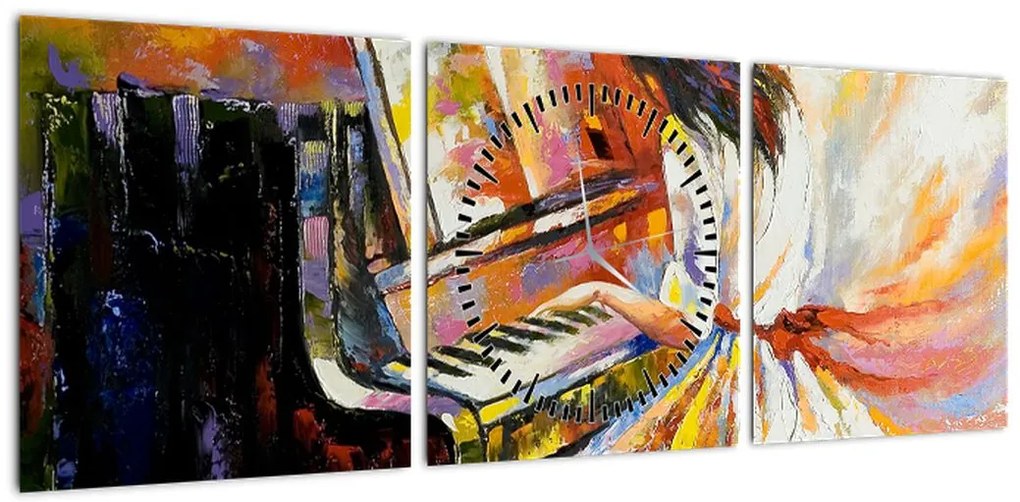 Obraz - Kobieta grająca na pianinie (z zegarem) (90x30 cm)