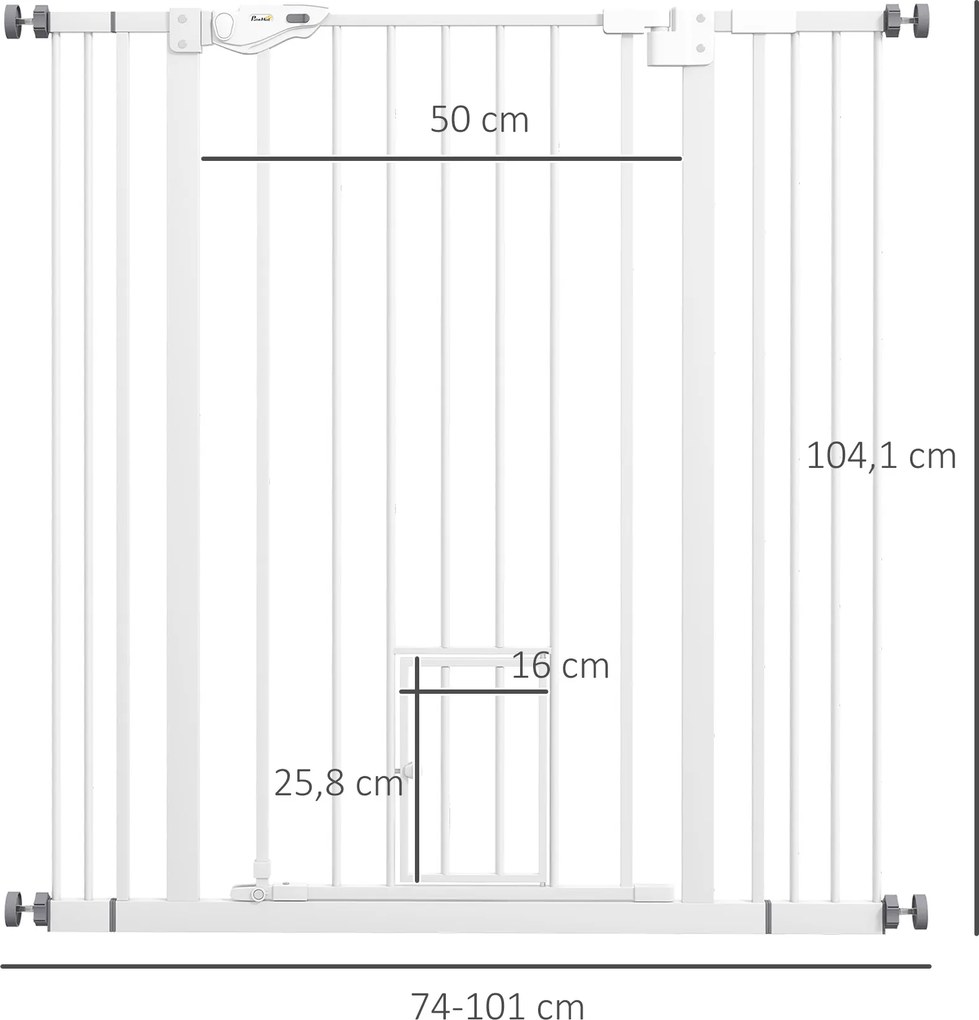 PawHut Bramka dla psów, podwójne ryglowanie, samoczynnie zamykane drzwi, 104 cm wysokości, stal, biały
