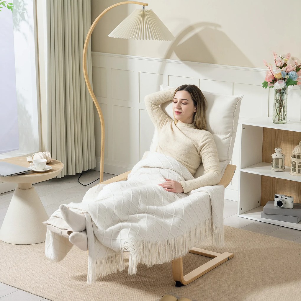 HOMCOM Fotel lounge z laminatu brzozowego, fotel tapicerowany z regulowaną podnóżką, nowoczesny fotel z podłokietnikami, kremowobiały | Aosom PL