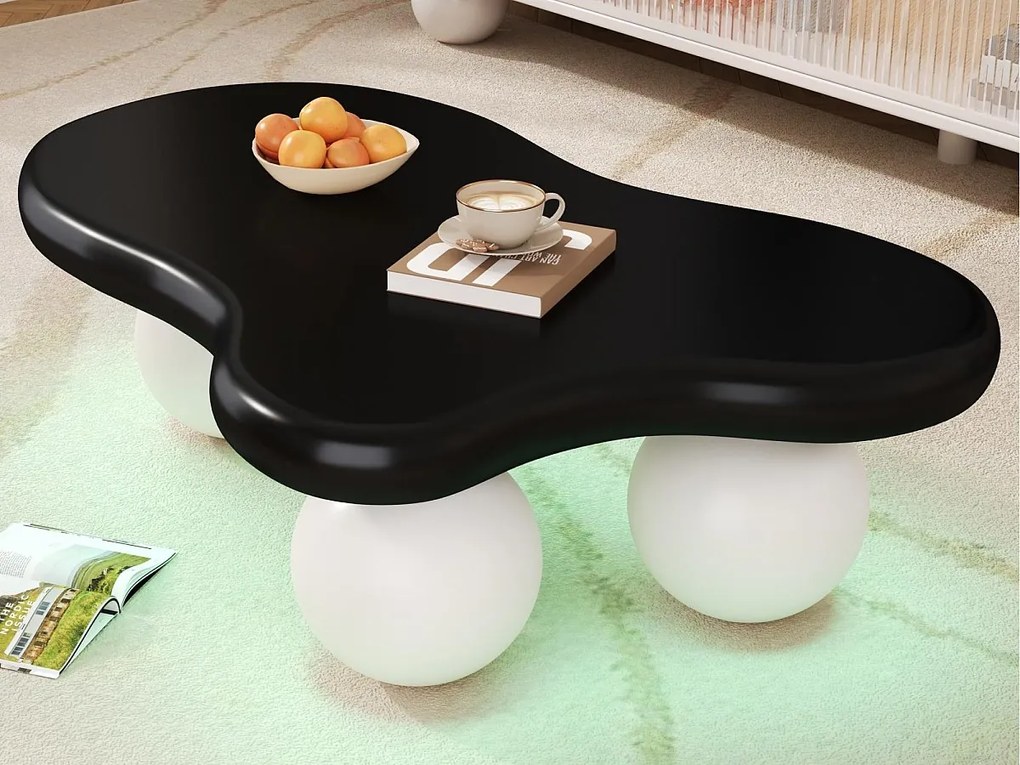Stolik kawowy 95x62,5x32 cm - kształt chmury - z oświetleniem LED - okrągłe nogi - czarny + biały