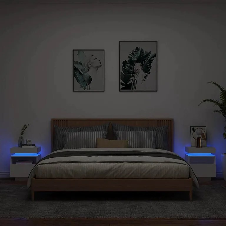 Zestaw 2 Białych Szafek Nocnych 40x39x48,5 cm z Wielokolorowym Oświetleniem LED RGB, Drewno Inżynieryjne, USB, Organiczny Design