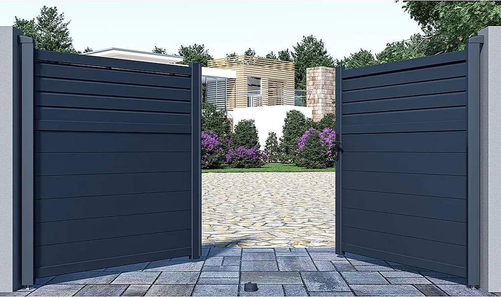 Skrzydłowa, aluminiowa brama z żaluzją Dł.305 x Wys.166 cm antracytowa VIAZO