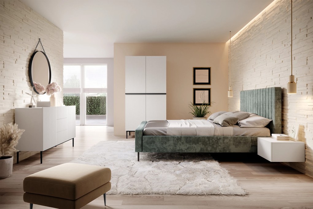 Komoda Nicole 150 cm z szufladami i ryflowanym frontem - biały mat / czarne nóżki