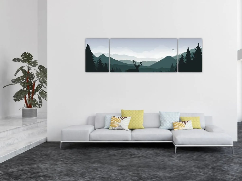 Obraz - Jeleń z wilkiem w skałach (170x50 cm)