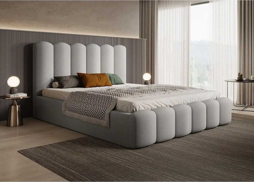 BESILIO Łóżko tapicerowane z pojemnikiem i stelażem 160x200 Tessa- welurowe łóżko sypialniane - Jasnoszary