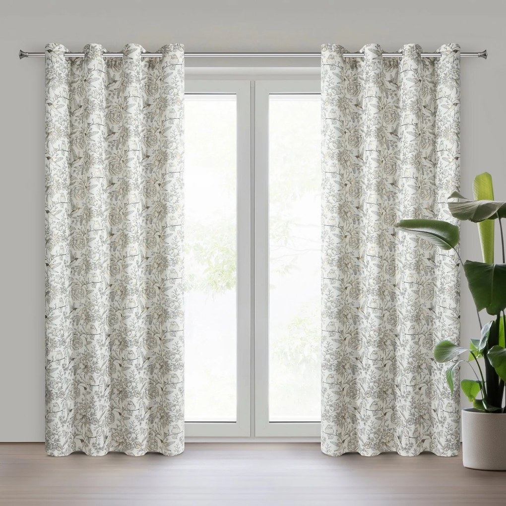 Zasłona naturalna z lnem 140x250 cm - botaniczna zasłona na przelotkach ze złotymi akcentami LUCINA 2