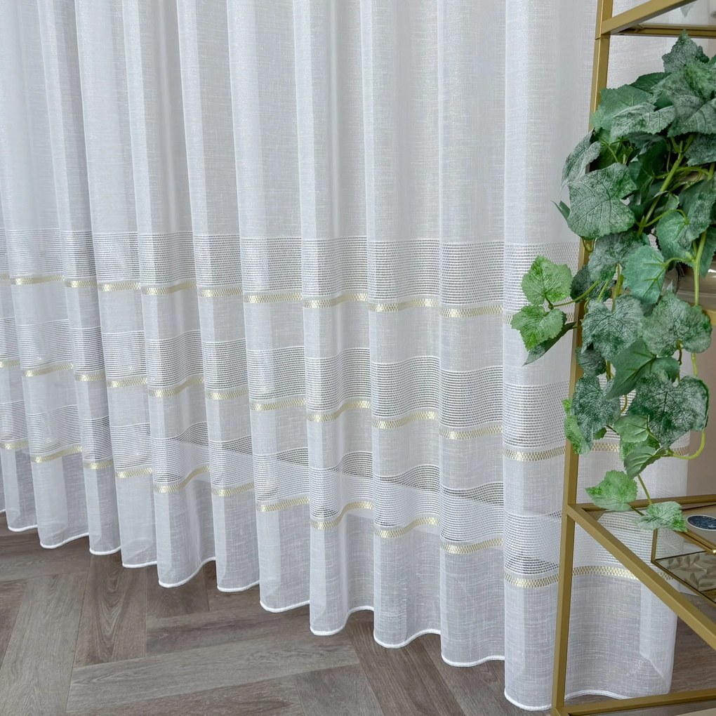 Firana gładka z 3 złotymi pasami błyszcząca batyst len wys. 300 cm z ołowianką