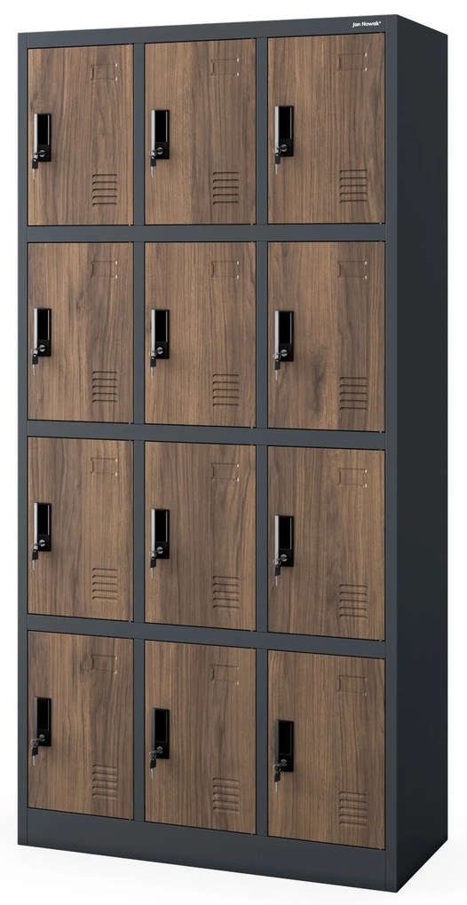 Szafka skrytkowa socjalna 12-skrytkowa antracytowa/orzech, 900x1850x400 mm: MARCIN Eco Design