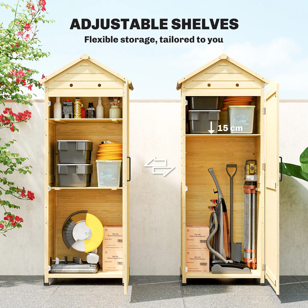 Outsunny Wysoki drewniany schowek na narzędzia z regulowanymi półkami, magnetycznymi drzwiami, galwanizowanym dachem i wentylacją | Aosom PL