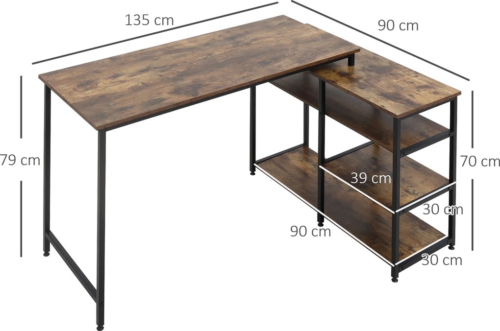 HOMCOM Biurko z regałem Rustykalny design Małe biurko komputerowe Płyta wiórowa Metal Brązowy | Aosom PL