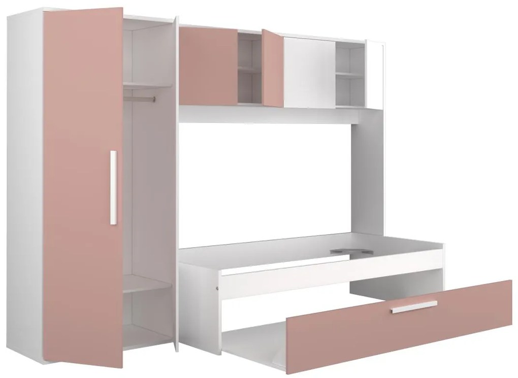 Łóźko wysuwane 2 x 90 x 200 cm - Z szafą - Różowo-białe - LUMOKA