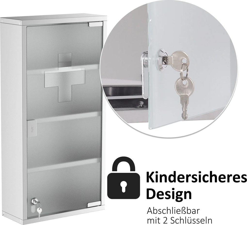 HOMCOM Szafka Medyczna Wisząca 4 Półki Zamykana na Leki Stal Nierdzewna Szer 30xGł 12xWys 60cm Srebrna | Aosom PL