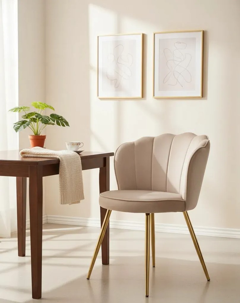 Beżowe welurowe krzesło muszelka - Larry