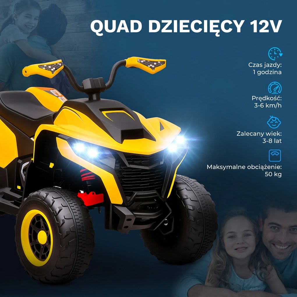 AIYAPLAY Dziecięcy Elektryczny Quad, 3-6 km/h, Reflektory LED, Muzyka, USB, dla Dzieci 3-8 Lat, Żółty