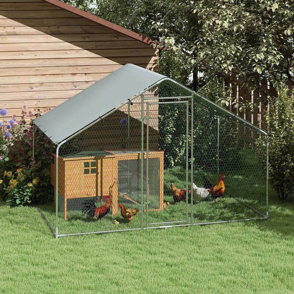 PawHut Wybieg dla 5-8 Kur, Plandeka Dachowa, Zamykane Drzwi, Stelaż Stalowy, 5,1 m², 3 x 1,7 x 1,9 m