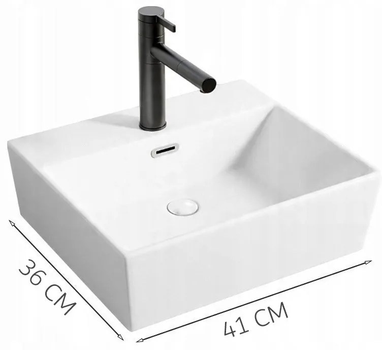 Umywalka ceramiczna stawiana biała nablatowa prostokątna duża 41 x 36 cm